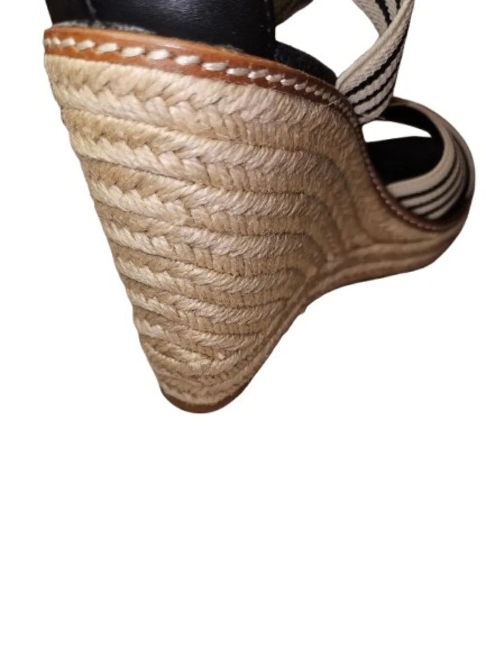 Tory Burch Frieda Espadrille Wedge Sandals Black White Striped Women's Size 7.5